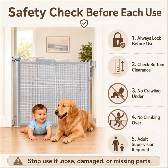 SPACEANY Retractable Safety Baby Gate or Mesh Dog Gate,Durable Portable Mesh Retractable Gate,Easy to Use for Stairs, Doorways, Hallways, Indoor, Outdoor, 33.5" Tall, Up to 45" Wide, Gray