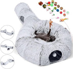 Cat Tunnels Bed with 1 Straight Tunnel and 20 Pet Toys - 5 Shapes DIY Indoor Cats Cave - Detachable Soft Cat Donut for Kitten Puppy Rabbit Ferret