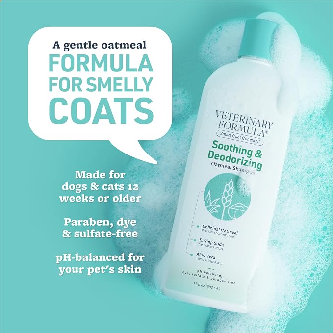 Veterinary Formula Smart Coat Complex Soothing and Deodorizing Oatmeal Shampoo for Dogs, 17 Fl oz – Baking Soda Eliminates Odors, Aloe Vera & Oatmeal Cleanse and Hydrate Skin – Long-Lasting Fragrance | Oatmeal and aloe vera formula, baking soda odor co...