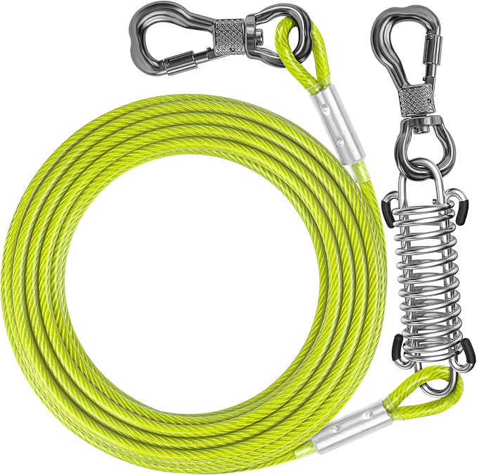15FT Dog Tie Out Cable Lead with Shock Spring for Medium Large Dogs | Shock-Absorbing; 500LBS Tensile Strength; Strong Stainless Steel Core; 360° Swivel Locking Hook; Anti-Rust Vinyl Coating