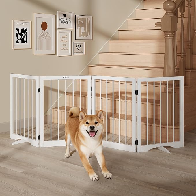Free Standing Dog Gate Indoor, Foldable Dog Gate for Doorways Stairs | 4-Panel Freestanding Pet Gate with Support Feet for Stability, Folding Puppy Gate Easy to Move, Doggy Gate 72"x24", White