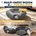 Cat Tunnel with Bed, Large Foldable Pet Donut Tunnel Interactive Cat Toys | Plush Cat Play Tunnel Toys with Ball, Peekaboo Cave Bed Cat Tunnel for Large Cats, Kittens, Rabbits, Puppies - Grey