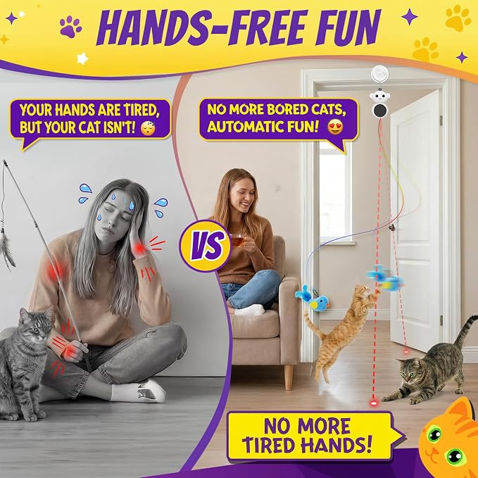 2-in-1 Interactive Laser Pointer Cat Toy & Flying Bird Wand for Indoor Cats | No-Drill Doorway Play with Adjustable Speed, USB Rechargeable, Smart Auto-Pause, Bird & Mouse Attachments