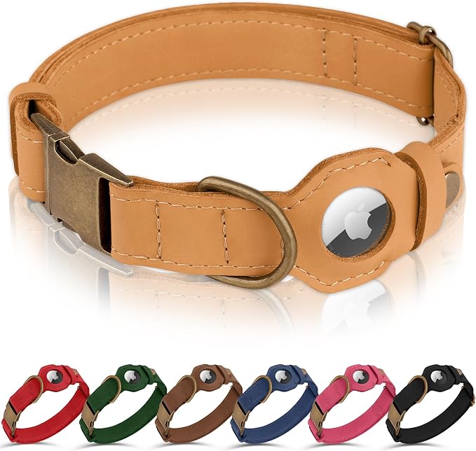 AirTag Dog Collar - Genuine Leather Dog Collar with Apple AirTag Holder and Metal Buckle - Smart GPS Tracking Pet Collars (Light Brown, XL, 20"-25" Neck Fit)