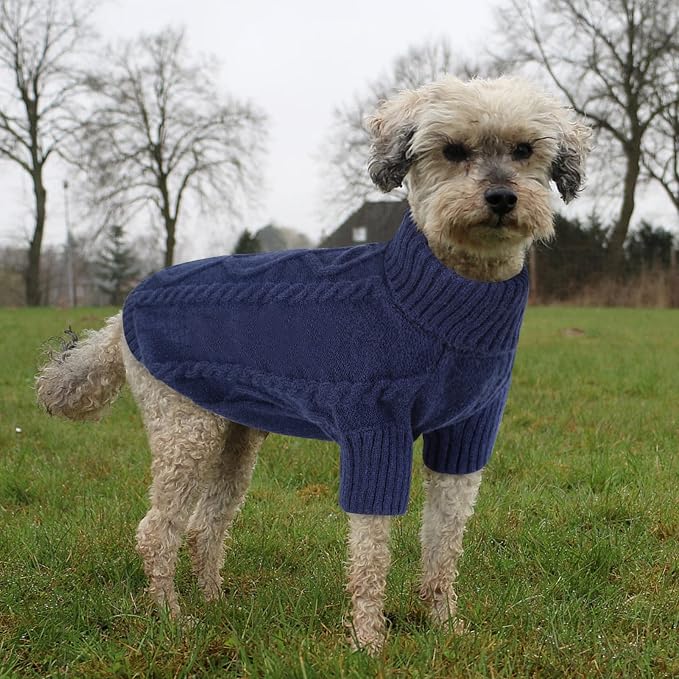 Queenmore Small Dog Pullover Sweater, Cold Weather Cable Knitwear, Classic Turtleneck Thick Warm Clothes for Chihuahua, Bulldog, Dachshund, Pug (Dark Navy, Medium)