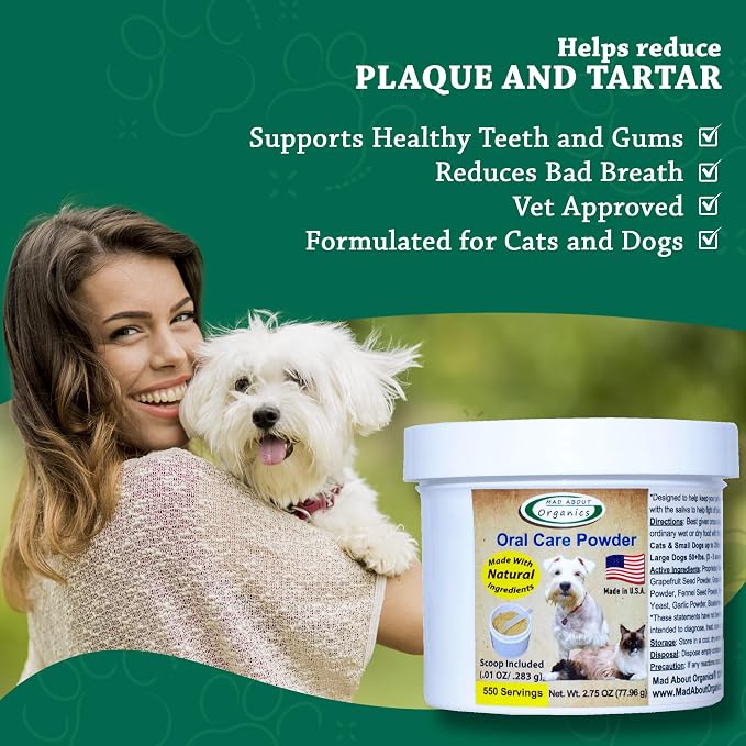 Dog or Cat Oral Care Powder – Tartar and Plaque Remover, Pet Dental Cleaning Powder for Oral Hygiene and Fresh Breath, Teeth Cleaner – 550 Servings, Medium Size - 77.96g