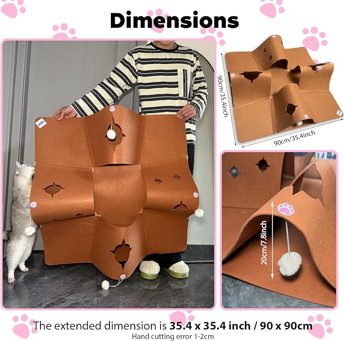 Interactive Cat Tunnel Mat for Indoor Cats, 4-Way Felt Cat Cave with Hanging Ball, Foldable Kitty Play Mat and Hideout, Pet Enrichment Toy for Kittens, Rabbits, Small Pets | 35.4" Multi-Entrance Cat Play Tunnel with Cozy Hideaway Space, Provides Enrich...