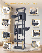 Hzuaneri Tall Cat Tree 84 Inch, Indoor Large Multi-Level Cat Tower | Cat Condo Furniture with 5 Scratching Post, 2 Hanging Basket, 2 Condo, 2 Large Platform, Pet Play House, Dark Grey MS21318SG