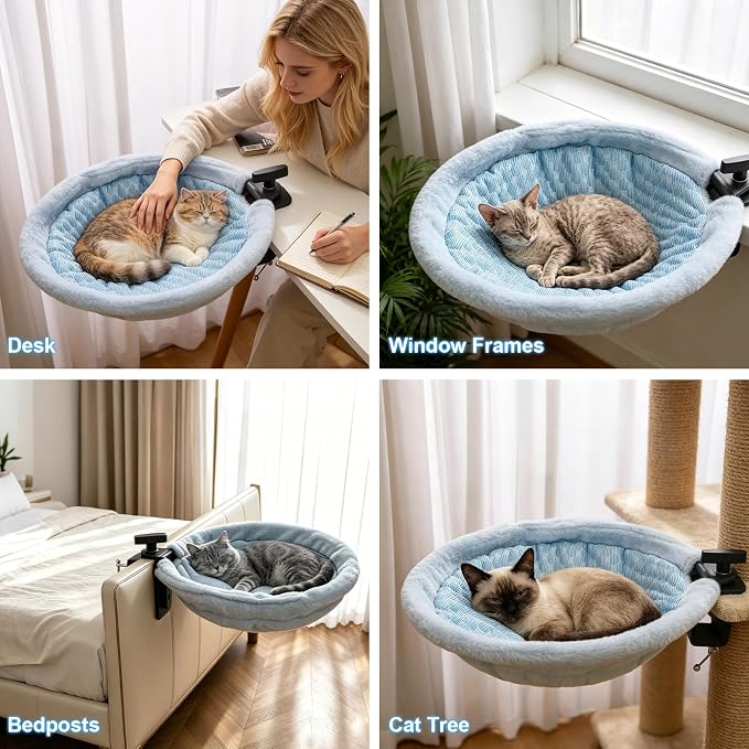 EXPAWLORER Cat Desk Bed - 360° Rotating & Adjustable & Washable Cat Hammock, Soft Dual-Sided Reversible Mat Cattery for Office Desks & Game Tables, 15"x15" Spacious Retreat for Cats,Holds Up to 40lbs