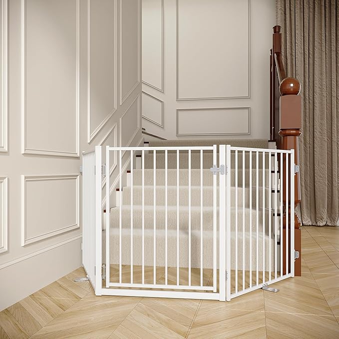 No Pawblems Full Metal Freestanding Dog Gate with Door, 30" Tall | Foldable Pet & Dog Fence for Stairs/Deck/Doorways, Indoor/Outdoor, Freestanding & Wall Mount, 78" Wide, 3 Panels, White