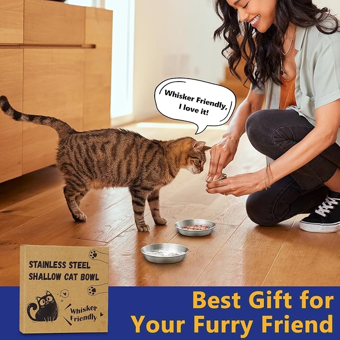 4-Pack 304 Stainless Steel Cat Food Bowls, Non-Slip Basic Dishes | Shallow Whisker-Friendly Silicone Water Metal Bowls, Easy to Clean Indoor Flat Plates for Cat, Kitten, Small Dog (5.9")