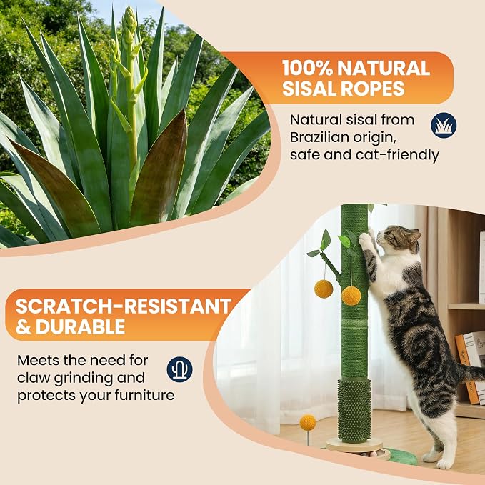 46" Extra Tall Cat Scratching Post for Large Cats, Sisal Rope | Heavy duty vertical sisal scratcher & stable climbing pole with hanging ball, tall post for adult cats full body stretch