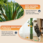 46" Extra Tall Cat Scratching Post for Large Cats, Sisal Rope | Heavy duty vertical sisal scratcher & stable climbing pole with hanging ball, tall post for adult cats full body stretch