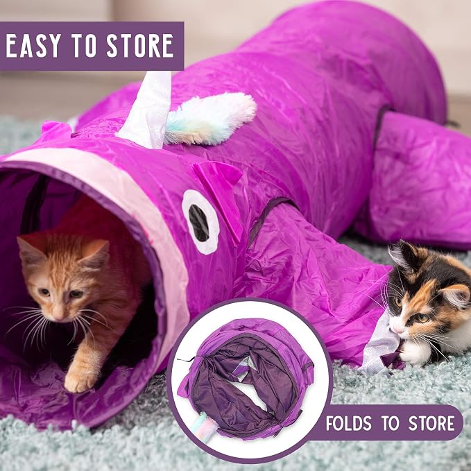 Pet Craft Supply Magic Mewnicorn Multi Cat Tunnel Boredom Relief Toys with Crinkle Feather String for Dogs, Cats, Rabbits, Kittens and Guinea Pigs for Hiding Hunting and Resting