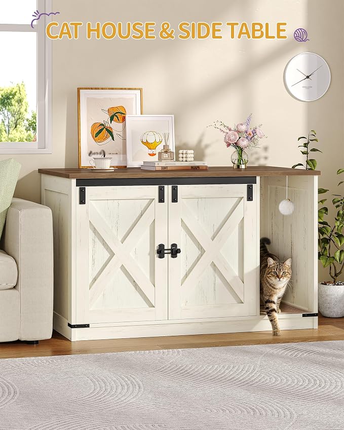 Hzuaneri Cat Litter Box Enclosure, Hidden Litter Box Cabinet Furniture | Indoor Cat House with Bell, Farmhouse Style, 31.5 x 19.7 x 20.9 Inches, for Hallway, Bedroom, Rustic Brown and White CB85214X