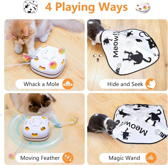 ORSDA Cat Toys for Indoor Cats, 4 in 1 Interactive Automatic Kitten Adult Cat Toy Whack a Mole, Hide and Seek, Moving Magic Wand & Chase Teaser, Rechargeable Touch/Timer Motion& Night DND Mode