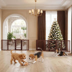 Homykic Dog Gate Indoor, 142" W x 30" H Extra Wide Foldable Bamboo Pet Gate with Door, No Assembly Freestanding Dog Fence with 2 Support Feet & 360°Hinges for Doorways Hallways (Espresso, 6 Panels)