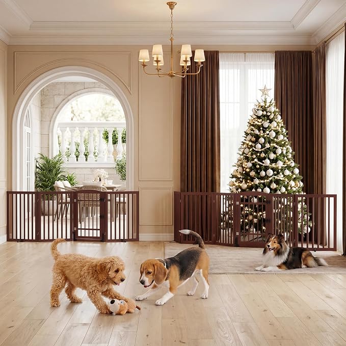 Homykic Dog Gate Indoor, 142" W x 30" H Extra Wide Foldable Bamboo Pet Gate with Door, No Assembly Freestanding Dog Fence with 2 Support Feet & 360°Hinges for Doorways Hallways (Espresso, 6 Panels)