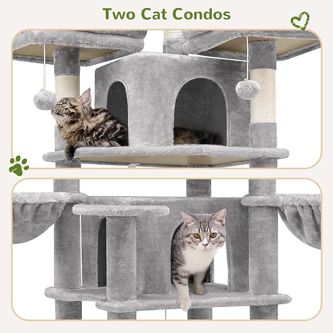 Globlazer Big Cat Tower for Indoor Cats, 80inch Cat Tower for Multiple Adult Cats XXL Cat Tree with Scratching Post, Hammock, 3 Perches, 2 Condos, 2 Hanging Basket, F80, Light Grey