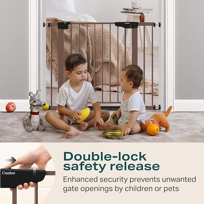 Cumbor 30-40.6 in Baby Gate for Stairs and Doorways, Dog Gate Indoor Brown | Mom's Choice Awards Winner, Auto Close, Double Lock, Safety Child Gate for Toddlers & Pets, Pressure or Hardware Mounted
