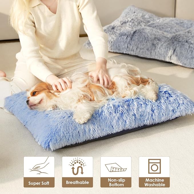 EHEYCIGA Fluffy Dog Crate Bed for Extra Large Dogs, Plush Faux Fur Crate Pad, Calming Anti Anxiety XL Dog Bed, Washable Soft Warm Mat with Non-Slip Bottom, Blue