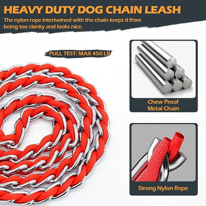 S-ETOVUS-Chain Dog Leash, Bite-Proof Metal Leash, with Padded Handle | Three Sizes 7.25FT/5.2FT/4FT, Woven From Nylon Rope And Chain, Durable And Bite-Resistant, Comfortable With Padded Handles