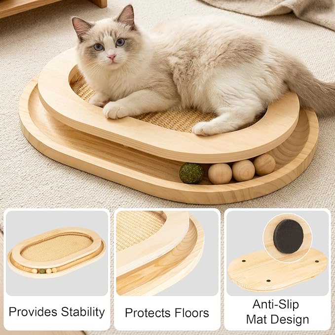 Cat Scratcher, Sisal Scratch Pad with Interactive Ball Track | No Assembly, Natural Sisal, Solid Base, Track with 3 Wooden Balls + 1 Catnip Ball, No Slip Pads, for Cat Exercise Sleep Chase