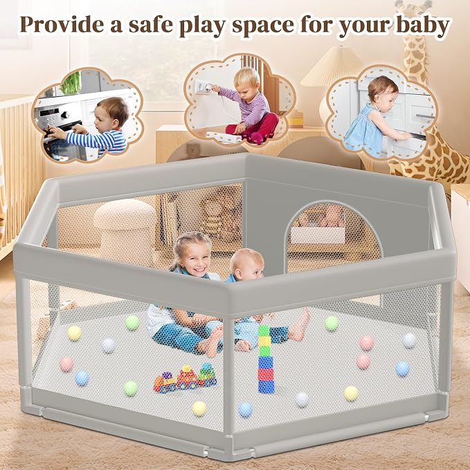 Hiaksedt Large Baby Playpen 65x65 Inch, PlayPen for Babies and Toddlers | Hexagonal Type Baby Play Yards for Indoor & Outdoor with Breathable Mesh Anti-Fall