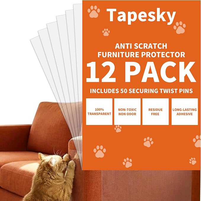 Cat Scratch Furniture Protector 12 Sheets with 50 Twist Pins XL 17" x 12" | Scratch Protector for Cats, Non-Toxic Safe for Kids & Pets, No Residue Couch Protector from Cat Scratching, Cuttable to Fit