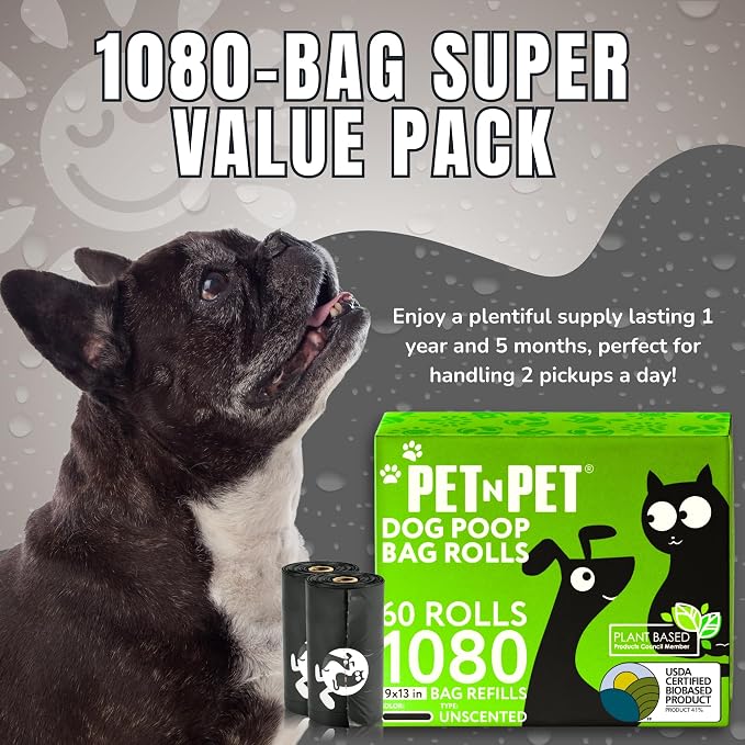 Pet N Pet Poop Bags for Dogs, 1080 Count, Plant Based, Black 9x13 Thick | USDA Certified 41% plant-based & 59% PE dog poo bags, leak-proof 9x13 bags for clean and easy dog waste disposal.