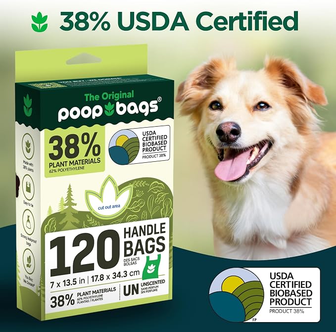 The Original Poop Bags® Dog Waste Bags with Handles - Heavy-Duty & Leak-Proof, USDA Certified 38% Plant-Based, Unscented, Easy Tie-Handle Poop Bags for All Size Dogs (360 Count)