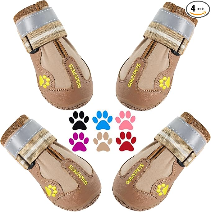 QUMY Dog Shoes for Hot Pavement, Dog Snow Boots & Paw Protectors for Winter | Dog Booties Medium Large Size Dogs, Water-resistant in the Rain, Outdoor Walking, Indoor Hardfloors Skid-resistant Sole Khaki
