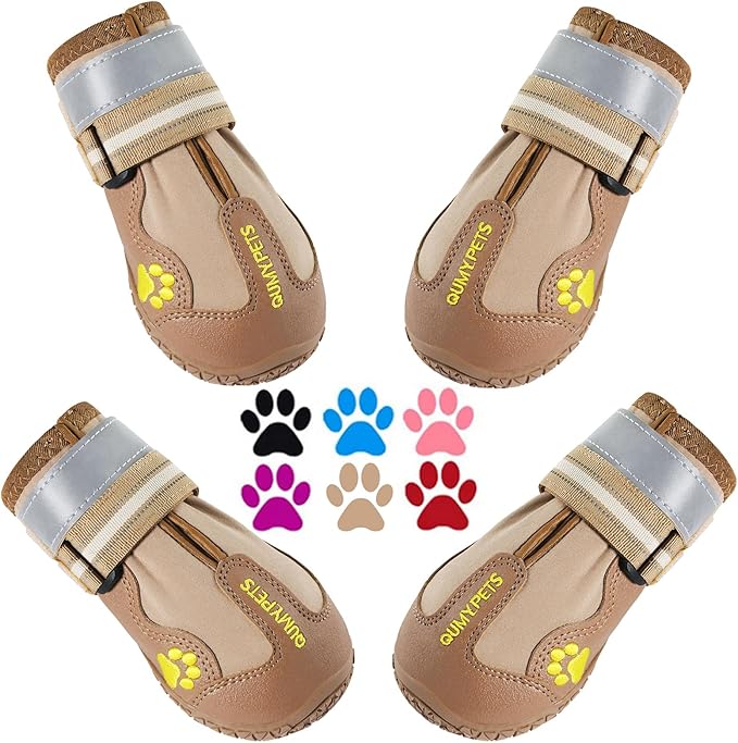 QUMY Dog Shoes for Hot Pavement, Dog Snow Boots & Paw Protectors for Winter | Dog Booties Medium Large Size Dogs, Water-resistant in the Rain, Outdoor Walking, Indoor Hardfloors Skid-resistant Sole Khaki