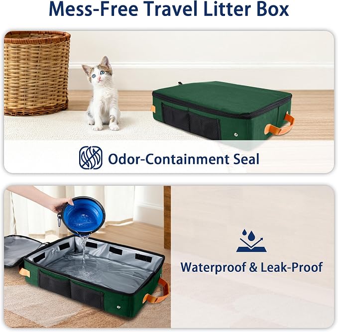 MORAIS Portable Travel Litter Box for Cats, 17.7"×13.5"×11" Collapsible Cat Litter Box with Lid, Leak-Proof Cat Litter Pan for Car Hotel Airplane, Waterproof & Easy to Carry- Green