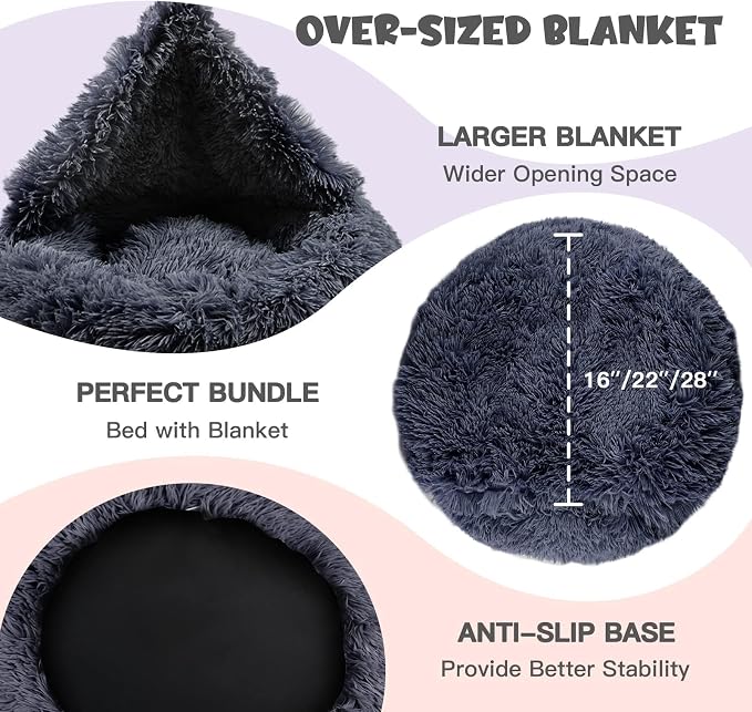 Himax Covered Large Dog Bed with Blanket Attached Calming Burrow Deep Grey | 35in Anti-Anxiety Donut dog bed with cover, Washable Round Fluffy Pet& Cat Beds for Indoor