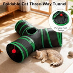 Tempcore Cat Tunnel for Indoor Cats, 3 Way Collapsible Pet Play Tunnel with Teaser Wand, Peek Holes & Hanging Ball, Interactive Tube for Kittens & Rabbits, Black & Green