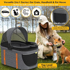 PAWZIDEA Portable Small Dog Crate for Car Travel up 33lbs, Enclosed Dog Car Seat Soft-Sided, Escape-Proof Reversible No-Zip Canopy, Foldable Pet Carrier Seatbelt for Small Medium Puppies & Cats Kennel