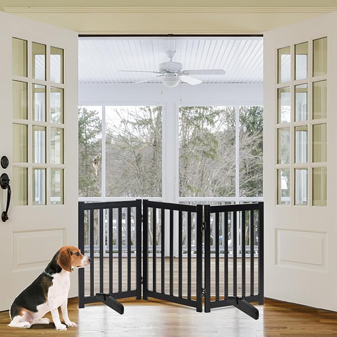 LZRS Freestanding Dog Gate 60" W x 30" H Solid Wooden Pet Gate for Doorways, Stairs & Hallways, Expandable & Foldable with Support Feet，Indoor Use,Black