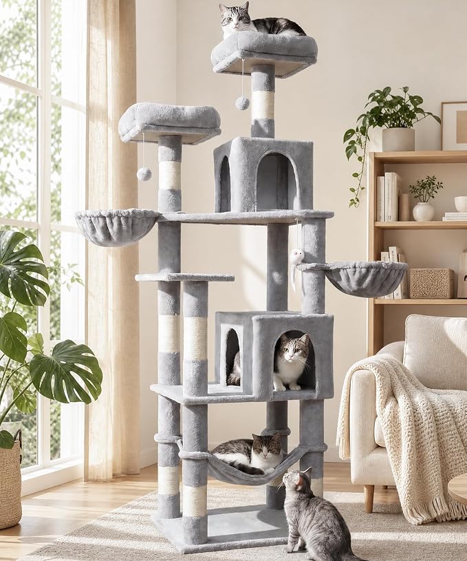 AMHANCIBLE 70 Inch Cat Tree for Large Cats, Multi-Level Cat Tower | Cat Houses & Tree Tower with 2 Condos, 8 Sisal Posts & Hammock for Indoor Cats Large Adult, Grey