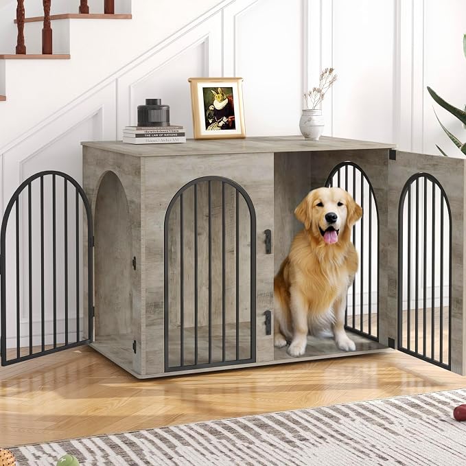 Hzuaneri 44.1" Wooden Dog Crate Furniture, Indoor Dog Kennel Dogs Cage for Small/Medium/Large Dogs, Heavy Duty Dog Crates Decorative Pet House End Side Table TV Stand, Greige Black DFC83905B
