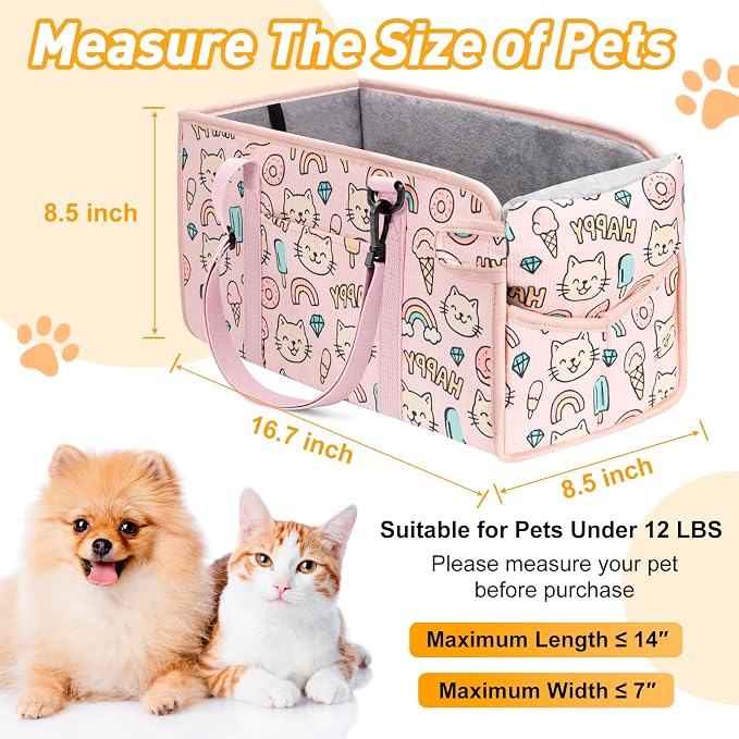 Console Dog Car Seat - Portable Dogs Armrest Booster Seat for Small Dog, Foldable Pet Car Seat with Safety Belt, Pink Kitten