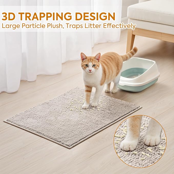 Pieviev Soft Chenille Cat Litter Box Mat, Ultra Absorbent, 28'' x 22'' | Long Plush Chenille Traps Cat Deeply, Waterproof Tpr Anti-Slip Backing, Absorbs Moisture, Machine Washable Cat Mat