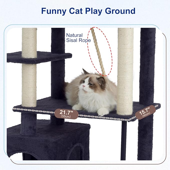 Gitelsnour Cat Tree, Cat Tower with Sturdy Steel Tube, Large Perch GCT024G | 70.5'' Cat Furniture with Scratching Post, Hammock, Basket and Big Platform for Indoor Cats Large Adult, Drak Gray