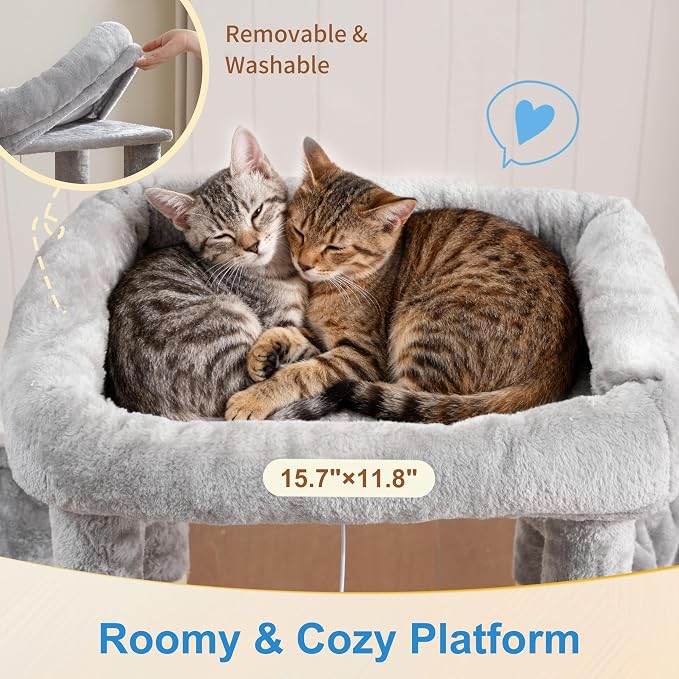 Hey-brother Cat Tree Tower with Large Platform, Spacious Condo, MPJ060W | 35.4 Inches, 2 Cozy Hammocks, Self-Grooming Brush, Sisal Scratching Posts for Big Indoor Adult, Maine Coon, Light Gray