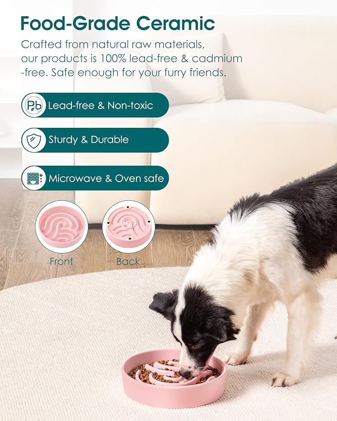 vancasso Slow Feeder Dog Bowl, 3 Cup Ceramic Slow Feeding Food Dish for Large Breed, Puzzle Dog Food Bowl for Fast Eater, Pink