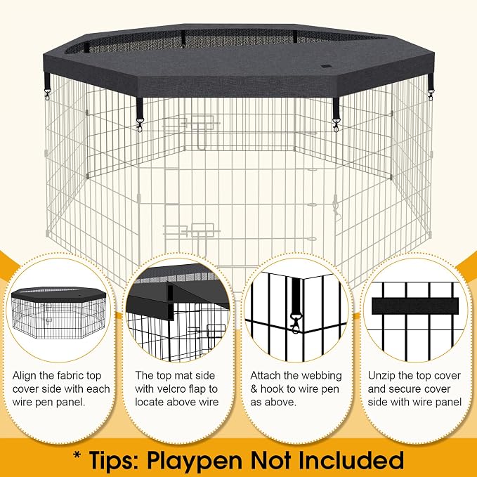 Artmalle Dog Playpen Top Cover Only, 8-Panel 24-Inch Octagonal Mesh, Black | Mesh top cover fits most 8-panel, 24-inch-wide octagonal dog pens, adding shade, airflow and jump-out protection. Cover only.