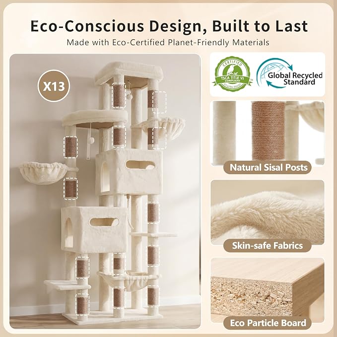 Heybly Cat Tree, 74.8'' Spacious & Tall Cat Tower for Large Cats HCT062MJ-1 | Cat Furniture with Large Top Perch, Solid Base, 2 Cat Condos, Hanging Hammock, Durable Sisal Scratching Posts, Beige