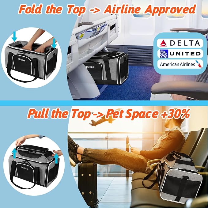 Petskd Top-Expandable Small Pet Carrier 18"x11"x11" Airline Approved | for Delta/American/United Airlines, Lockable Safety Zippers and Anti-Scratch Mesh, Soft-Sided, Pets Under 10 Lbs, Grey