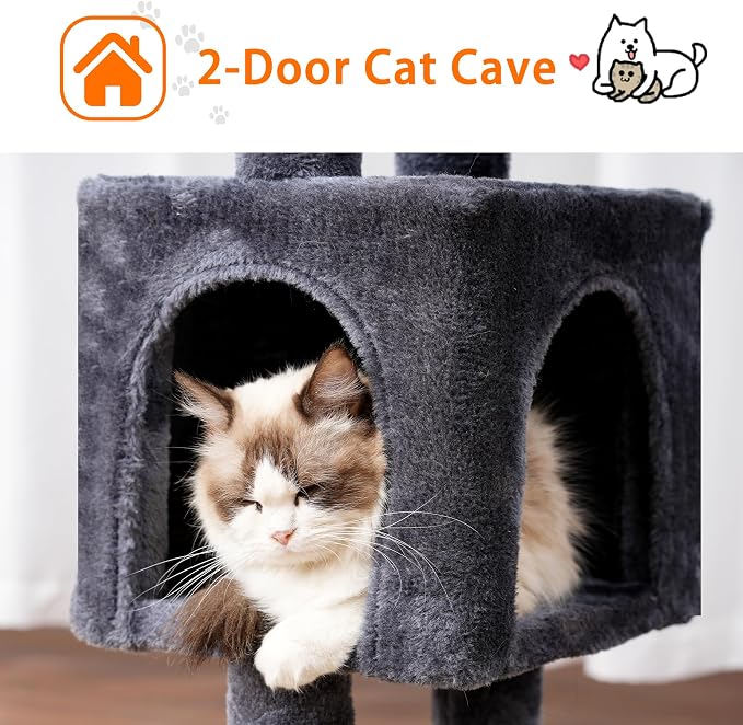 Heybly Cat Tree, 40" Tower with All-Sisal Wrapped Scratching Post HCT006SG | Cat Tower for Indoor Cats, Cat Condo with Soft Platform, 2 Baskets and Dangling Toy, Smoky Gray