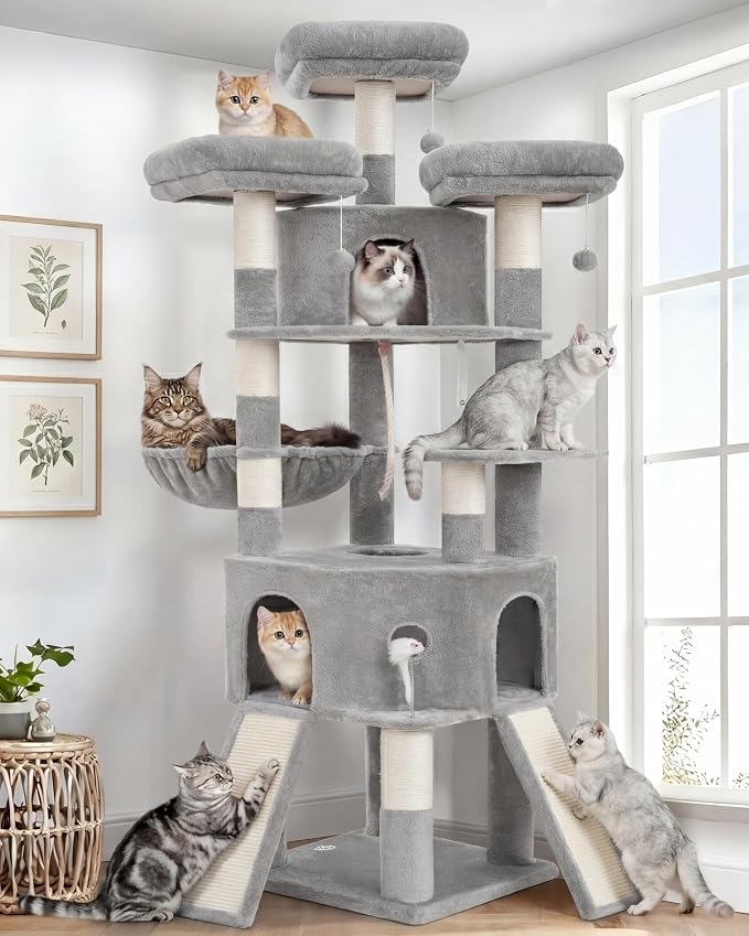 Cat Tree, 81.1" Tall Heavy Duty Cat Tower for Large Cats VCT032W | Cat Furniture with 3 Wide Platforms, Diamond-Shaped Condo 2 Sisal Scratchers, Hammock & Stable Base, Light Gray